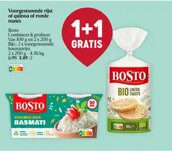 Delhaize Bosto Voorgestoomde rijst of quinoa of ronde toasts 100 g tot 2 x 200 g aanbieding