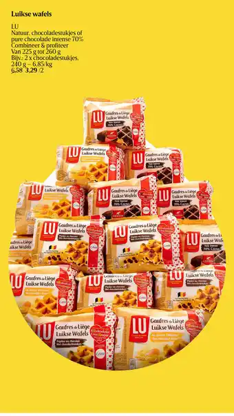 Delhaize LU Luikse Wafels Natuur, Chocoladestukjes of pure chocolade intense 70% 225 g tot 260 g aanbieding