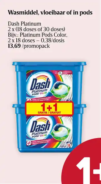 Delhaize Dash Platinum Wasmiddel, Vloeibaar of in pods 2 x (18 doses of 30 doses) aanbieding
