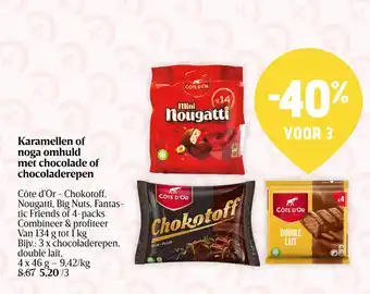 Delhaize Cote d'Or Karamellen of noga omhuld met chocolade of chocoladerepen 4 packs aanbieding