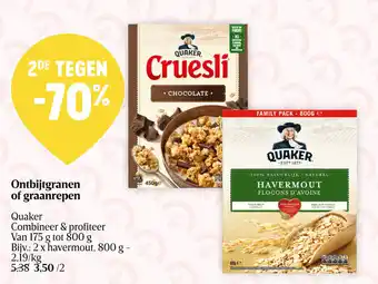Delhaize Quaker Ontbijtgranen of graanrepen 175 g tot 800 g aanbieding