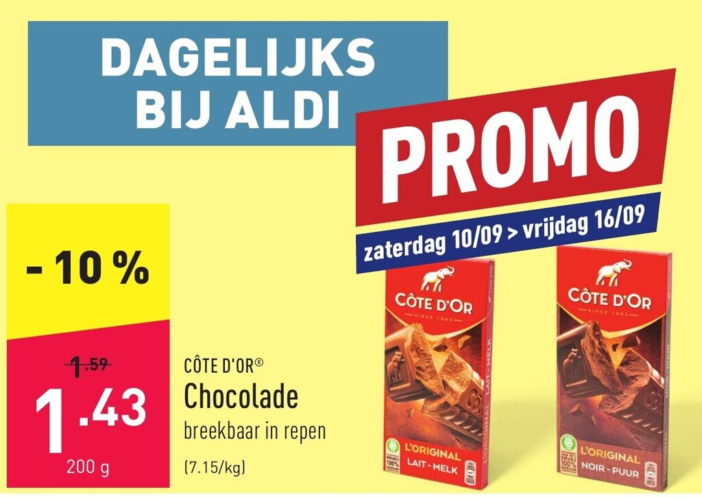 Cote d'or chocolade 200g promotie bij ALDI