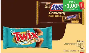 Snickers creamy peanut buitter 5 stuks of twix salted caramel 6 stuks