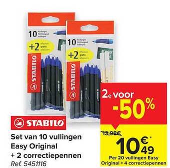 Carrefour Stabilo set van 10 vullingen easy original + 2 correctiepennen aanbieding