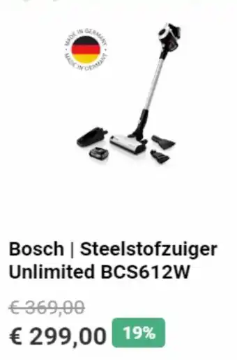 Krëfel Bosch Steelstofzuiger Unlimited BCS612W aanbieding