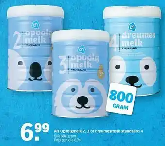 Albert Heijn Ah opvolgmelk 2, 3 of dreumesmelk standaard 4 800 gram aanbieding