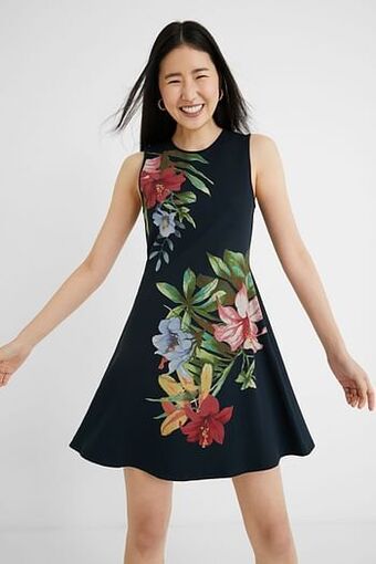 Desigual Korte wijd uitlopende jurk met bloemen - BLUE - XXL aanbieding