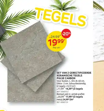 Brico Set van 2 gerectificeerde keramische tegels pulse carbon voor bulten L60 x B60cm aanbieding