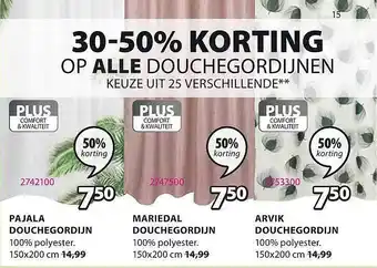 Jysk Pajala Douchegordijn, Mariedal Douchegordijn, Arvik Douchegordijn aanbieding