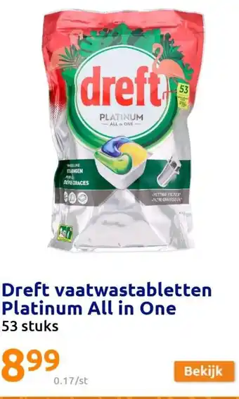 Action Dreft Vaatwsatabletten Platinum All in One 53 Stuks aanbieding