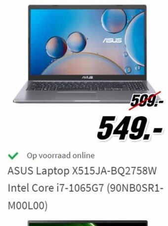 MediaMarkt Asus Laptop X515JA-BQ2758W Intel Core i7-1065G7 aanbieding