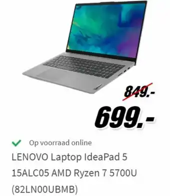 MediaMarkt Lenovo Laptop IdeaPad 5 15ALC05 AMD Ryzen 7 5700U aanbieding