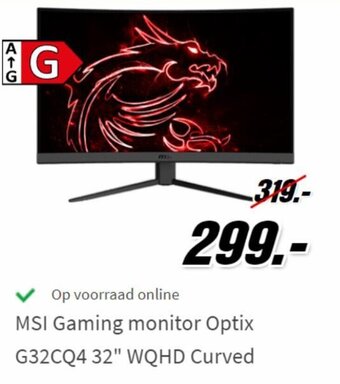 MediaMarkt MSI Gaming Monitor Optix G32CQ4 32" WQHD Curved aanbieding