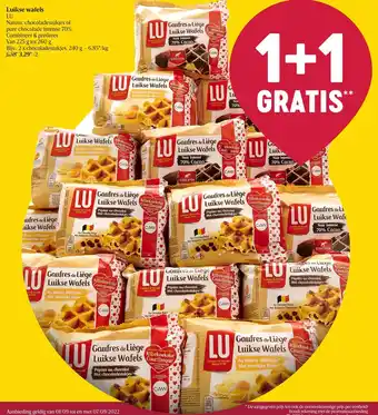 Delhaize LU Luikse Wafels Natuur, Chocoladestukjes of Pure Chocolade Intense 70% aanbieding