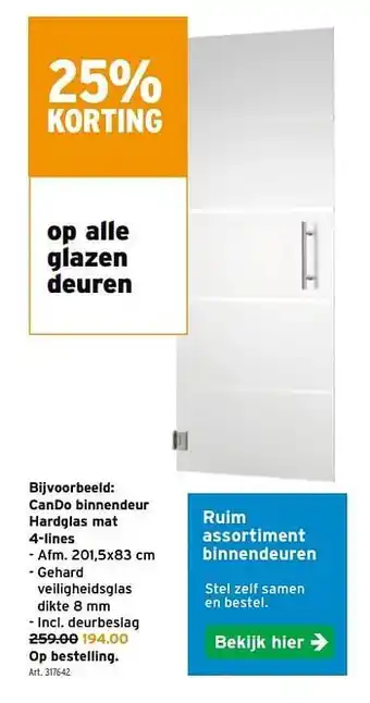 GAMMA Cando binnendeur hardglas mat 4-lines aanbieding