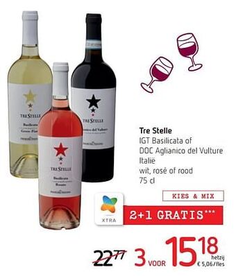 Spar Colruyt Tre stelle igt basilicata of doc aglianico del vulture italië wit rosé of rood aanbieding