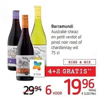 Spar Colruyt Barramundi australië shiraz en petit verdot of pinot noir rood of chardonnay wit aanbieding