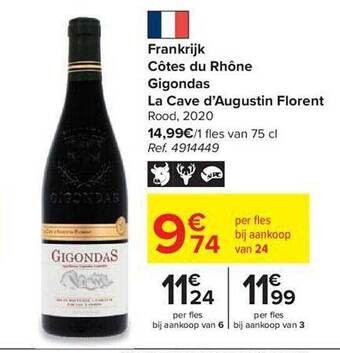 Carrefour Frankrijk côtes du rhône gigondas la cave d'augustin florent rood 2020 aanbieding