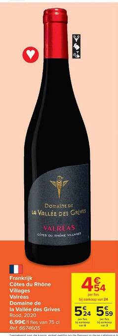 Carrefour Frankrijk côtes du rhône villages valréas domaine de la vallée des grives rood 2020 aanbieding