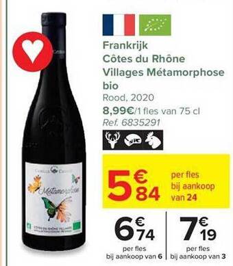 Carrefour Frankrijk côtes du rhône villages métamorphose bio rood 2020 aanbieding