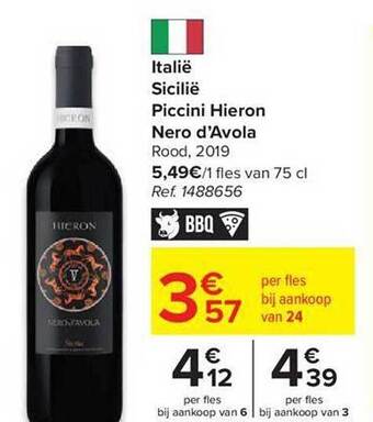 Carrefour Italië sicilië piccini hieron nero d'avola rood 2019 aanbieding