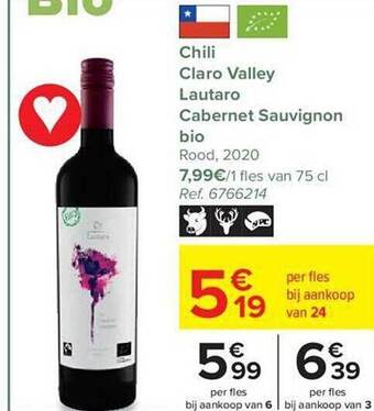 Carrefour Chili claro valley lautaro cabernet sauvignon bio rood 2020 aanbieding