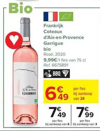Carrefour Frankrijk coteaux d'aix-en-provence garrigue bio rosé 2020 aanbieding
