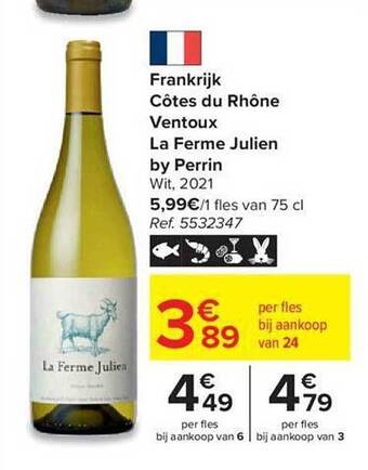 Carrefour Frankrijk côtes du rhône ventoux la ferme julien by perrin wit 2021 aanbieding