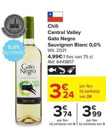 Carrefour Chili central valley gato negro sauvignon blanc 0.0% wit 2021 aanbieding