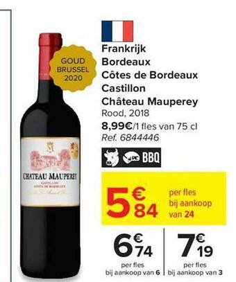 Carrefour Frankrijk bordeaux côtes de bordeaux castillon château mauperey rood 2018 aanbieding
