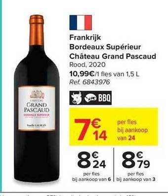 Carrefour Frankrijk bordeaux supérieur château grand pascaud rood 2020 aanbieding