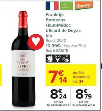 Carrefour Frankrijk bordeaux haut-médoc l'esprit de doyac bio rood 2020 aanbieding