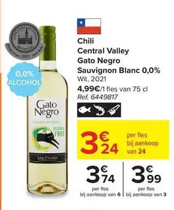 Carrefour Market Chili central valley gato negro sauvignon blanc 0.0% wit 2021 aanbieding