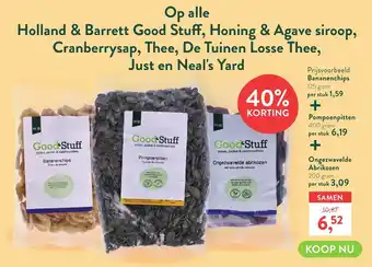 Holland & Barrett Goodstuff banananenchips 125 gram + pompoenpitten 400 gram + ongezwavelde abrikozen 200 gram aanbieding