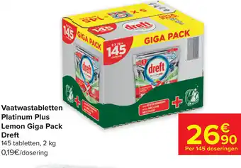 Carrefour Dreft Vaatwastabletten Platinum Plus + Lemon Giga Pack aanbieding