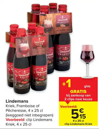 Carrefour Lindemans Kriek, Framboise of Pecheresse 4 x 25cl aanbieding