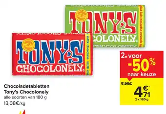 Carrefour Chocoladetabletten Tony's Chocolonely Alle Soorten van 180g aanbieding