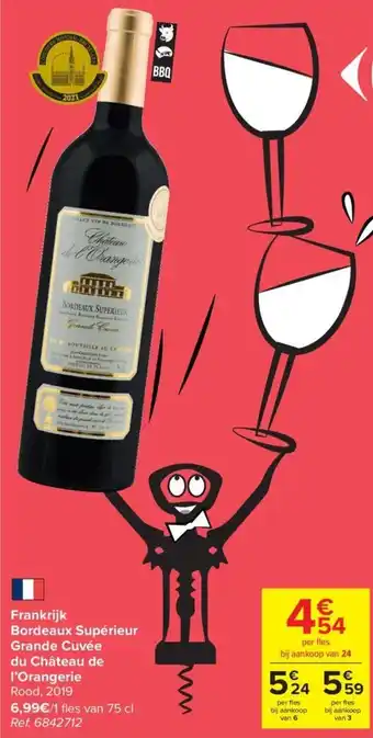 Carrefour Frankrijk Bordeaux Superieur Grande Cuvee du Chateau de l'Orangerie Rood 2019 aanbieding