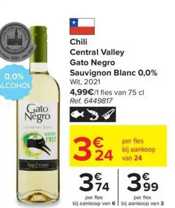 Carrefour Chili Central Valley Gato Negro Sauvignon Blanc 0.0% Wit 2021 aanbieding