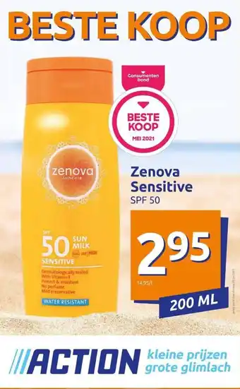 Action Zenova sensitive spf50 200 ml aanbieding