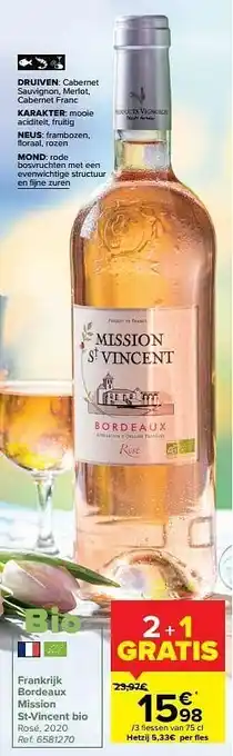 Carrefour Frankrijk bordeaux mission st-vincent bio rosé aanbieding