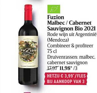 Delhaize Fuzion malbec cabernet sauvignon bio 2021 aanbieding