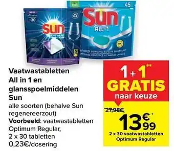 Carrefour Market Vaatwastabletten all in 1 en glansspoelmiddelen sun aanbieding