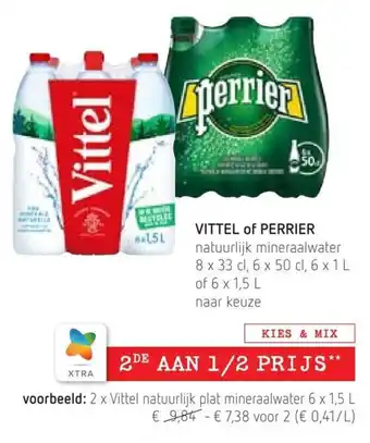Spar Colruyt Vittel of Perrier Natuurlijk Mineraalwater 8 x 33cl , 6 x 50cl , 6 x 1L aanbieding
