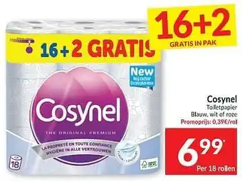 Intermarché Cosynel toiletpapier blauw, wit of roze per 18 rollen aanbieding