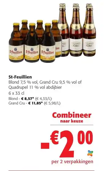 Colruyt St-Feuillien Blond 7,5% vol, Grand Cru 9,5% vol of Quadrupel 11% vol abdijbier 6 x 33 cl aanbieding