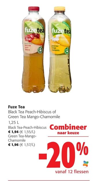 Colruyt Fuze Tea Black Tea Peach-Hibiscus of Green Tea Mango-Chamomile 1,25 L aanbieding