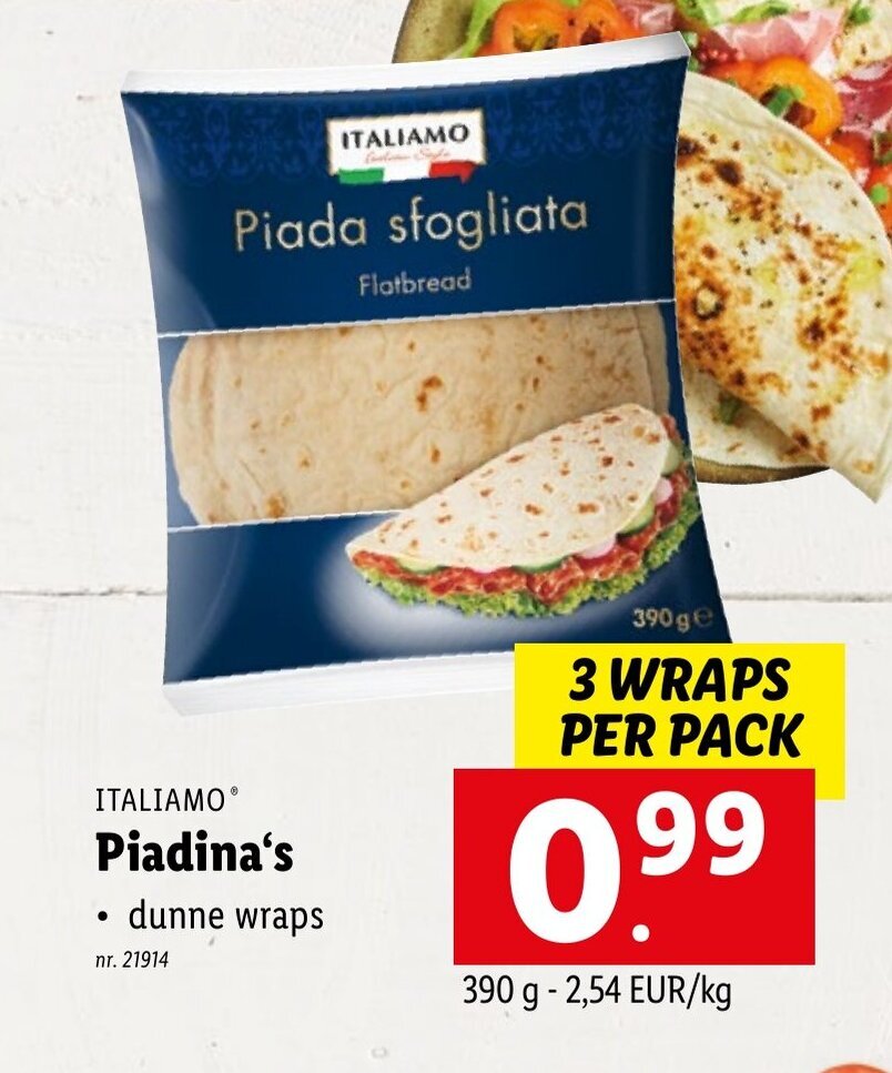 Italiamo piadina's 3wraps per pack promotie bij Lidl