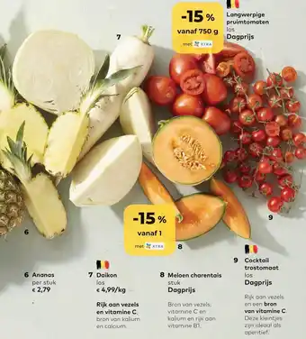 Langwerpige pruimtomaten, Ananas, Daikon, Meloen charentais, Cocktail trostomaat