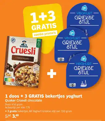 Albert Heijn Quaker cruesli chocolate +3 gratis bekertjes ah yoghurt griekse stijl aanbieding